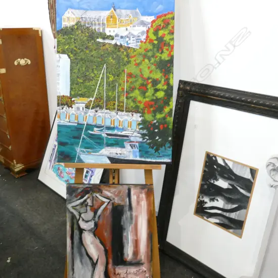 DENISE GORDON, OIL 'POHUTUKAWA, ST GERARDS, WGTON' 990x580mm & MARGARET JOHNSON ACRYLIC, LA FENETRE EST OUVERT 610x460mm