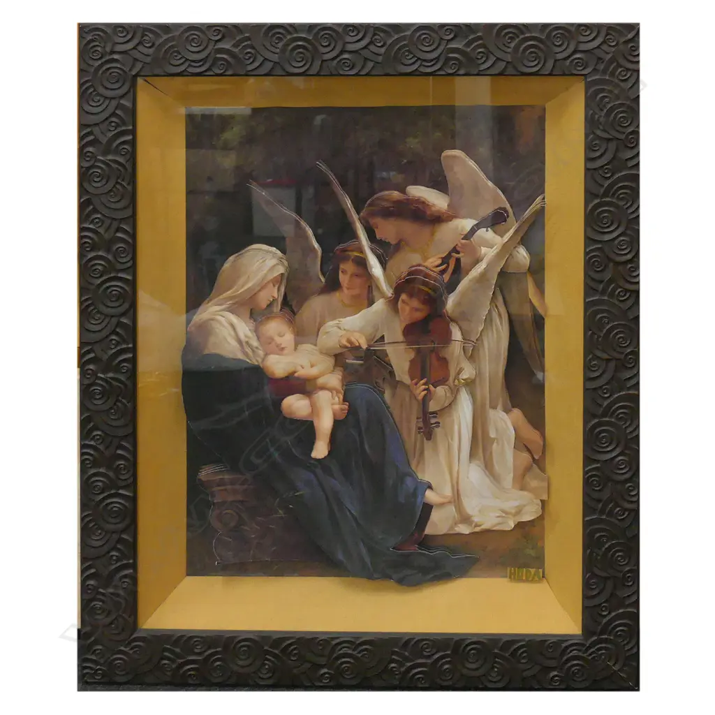 LG 1940S RELIGIOUS PORTRAIT OF MARY, JESUS & ANGELS, LAYERED CARD WITH CARVED WOODEN FRAME Image 1++