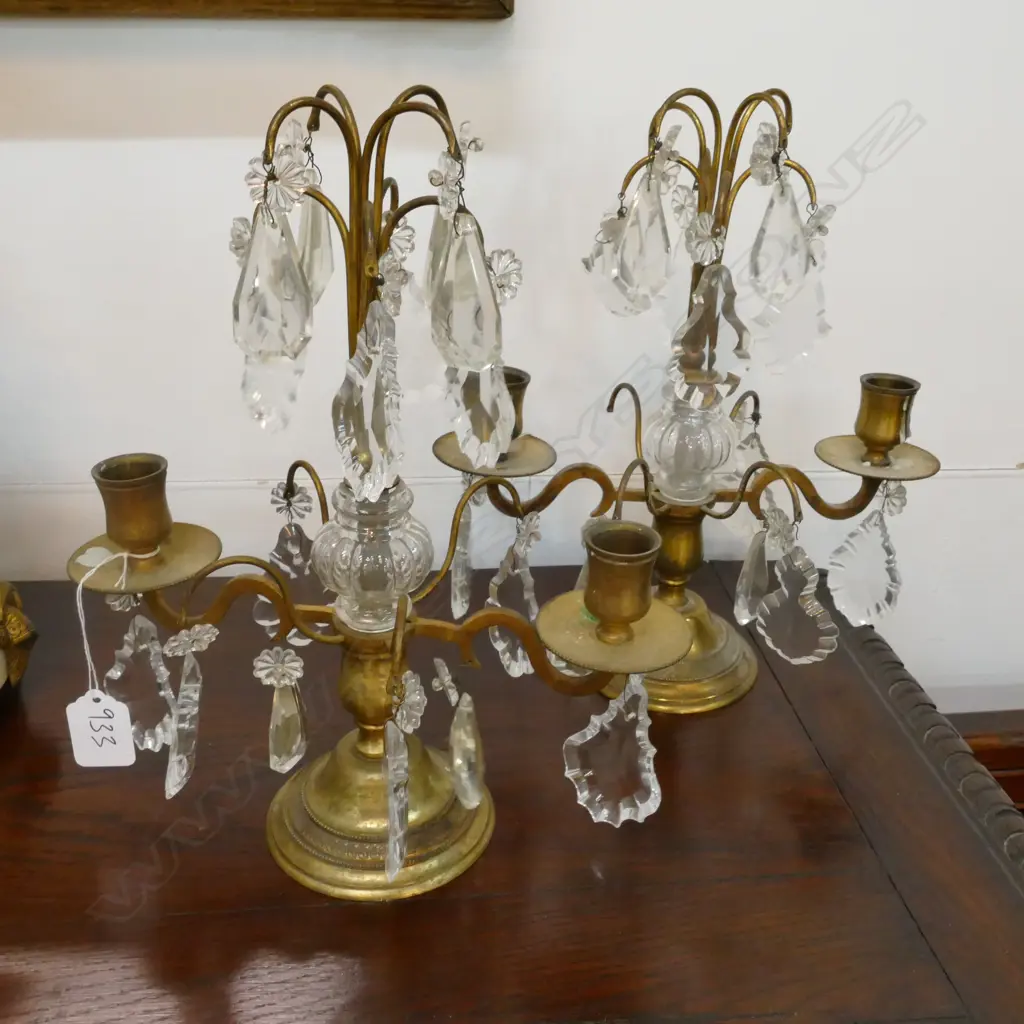 PAIR BRASS AND CRYSTAL CANDELABRA Image 1++