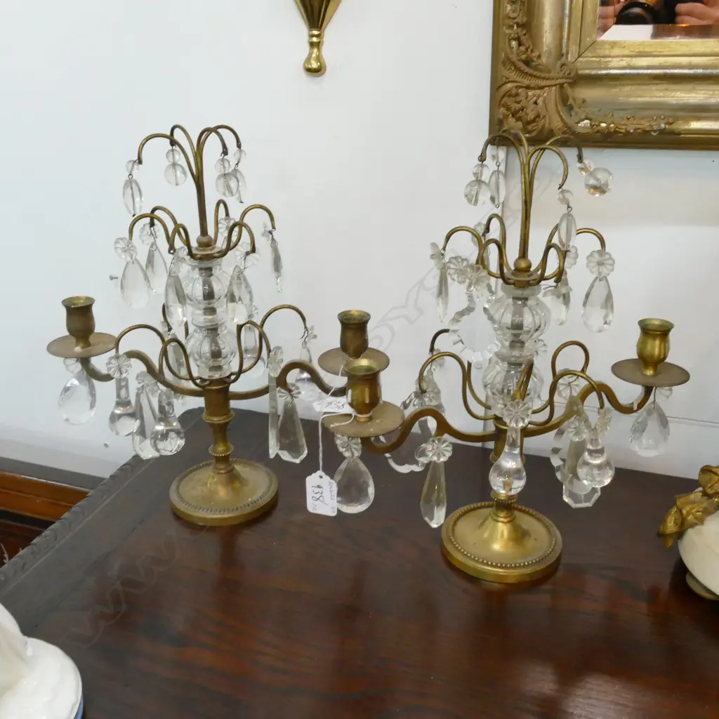 PAIR BRASS AND CRYSTAL CANDELABRA Image 1++