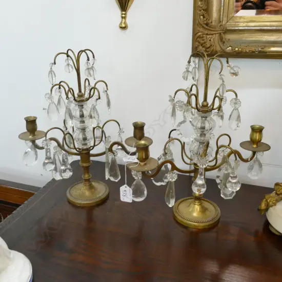 PAIR BRASS AND CRYSTAL CANDELABRA