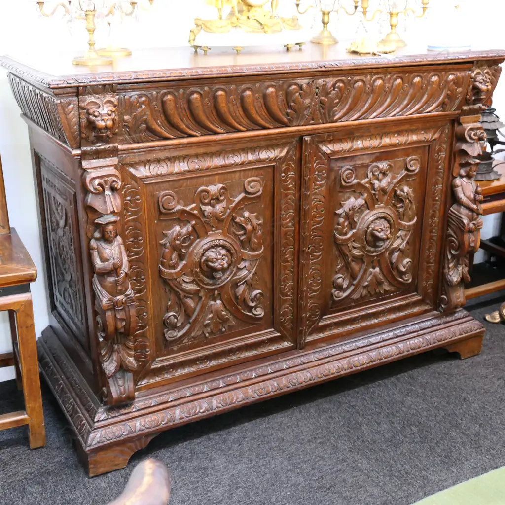 19THC EUROPEAN CARVED OAK SIDEBOARD... Image 1++