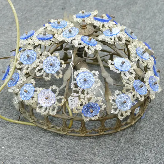 VINTAGE FRENCH METAL AND GLASS FLORAL CEILING LAMP (ONE LEAF NEEDS REPAIR)