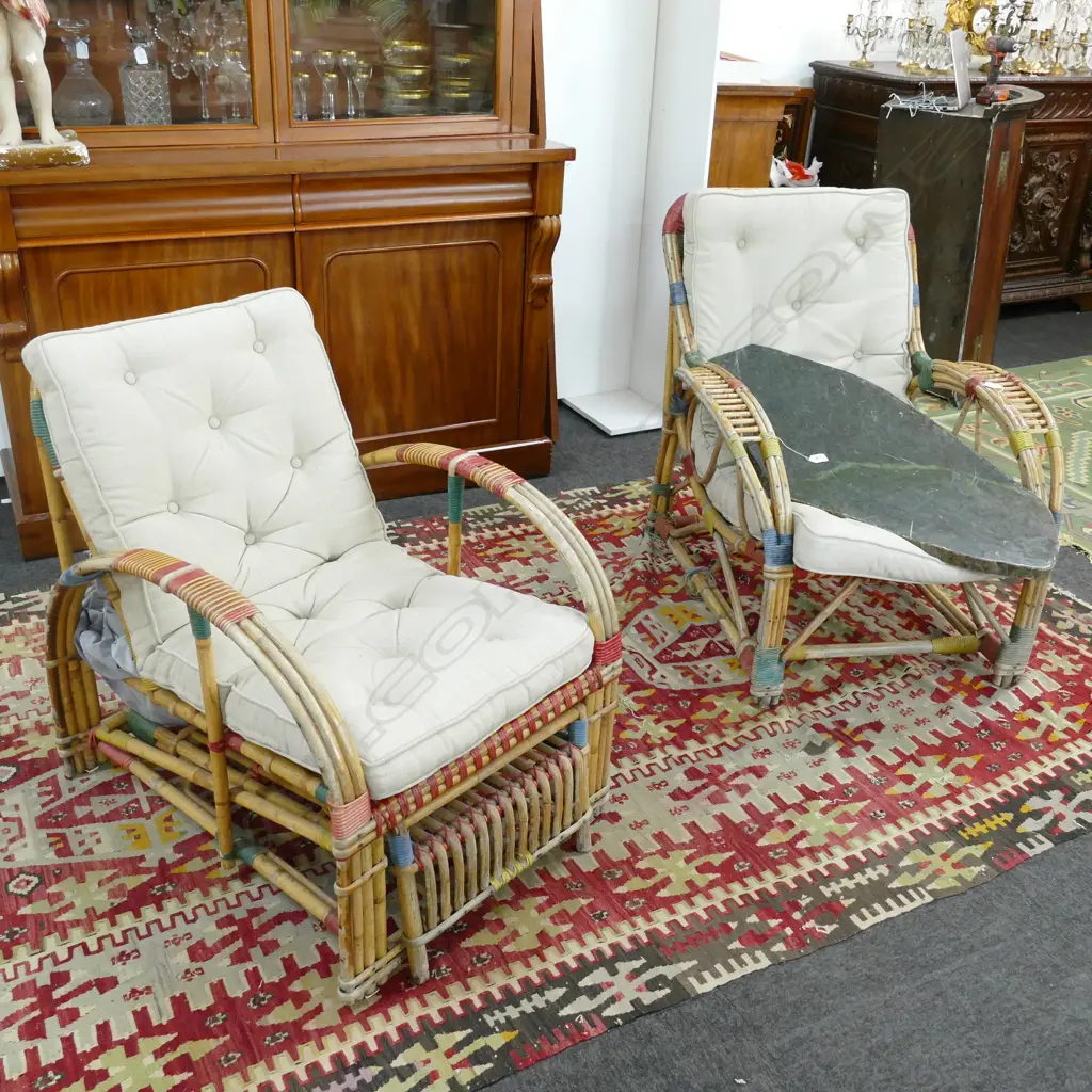 2 CARNIVAL CANE ARMCHAIRS ONE WITH LEG REST Image 1++