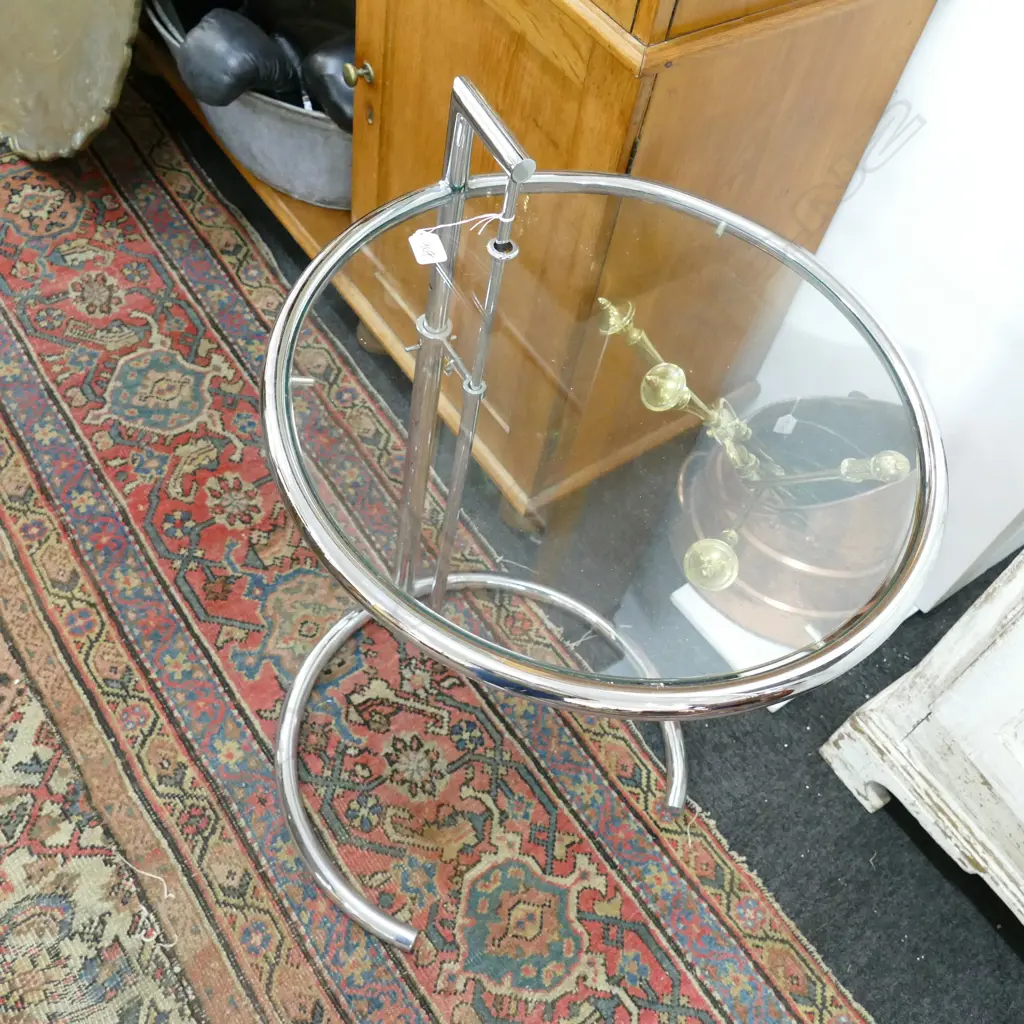 EILEEN GRAY STYLE CHROME AND GLASS TABLE 790MM H 510MM DIA Image 1++