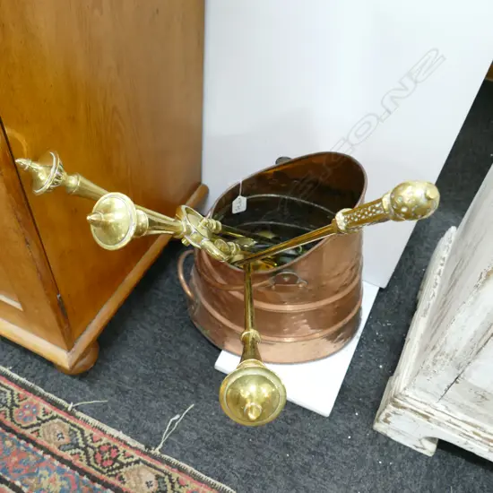 COPPER COAL SCUTTLE + BRASS FIRESIDE SET 