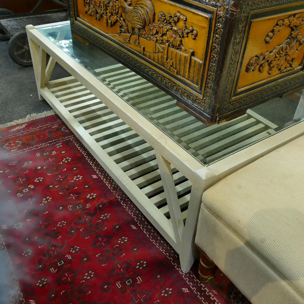 GLASS TOP COFFEE TABLE WITH WOODEN BASE 1400 X 900 MM Image 1++