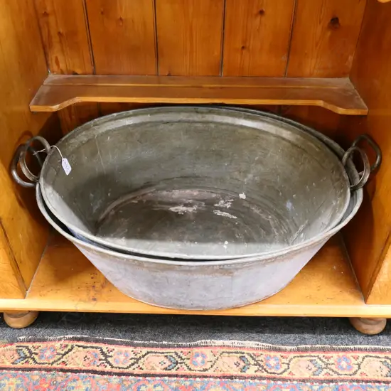 PAIR GALVANISED TIN BATHS (good for washing and peg basket)