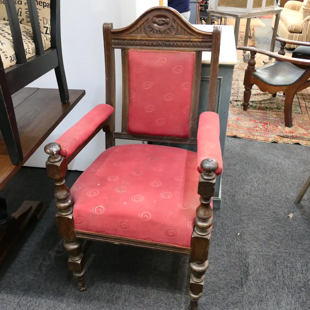 1920'S OAK CARVED ARMCHAIR 'UNITAS' BACK RAIL Image 1++