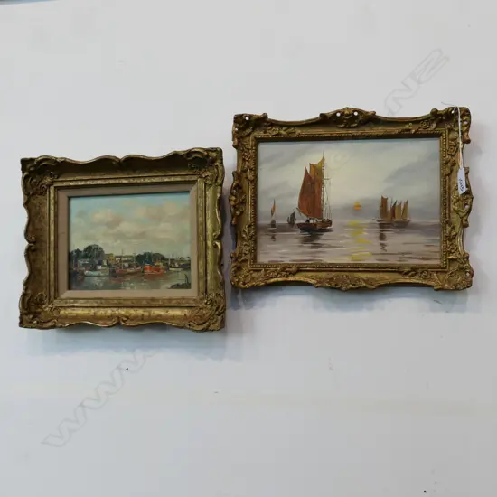 2 GILT FRAMED OIL PAINTINGS; BOATS & RYE HARBOUR BY PHYLLIS MORGANS R.G.I. 325MM W 250MM H