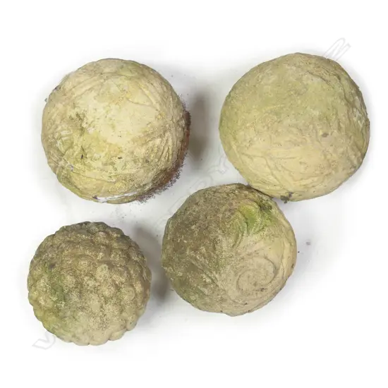 FOUR CHURCHSTONE SPHERICAL GARDEN ORNAMENTS, LARGEST WIDTH 160MM