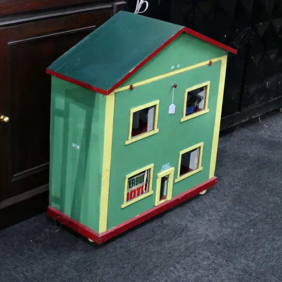 VINTAGE DOLLS HOUSE WITH 2 BOXES OF FURNITURE 725MM SQ