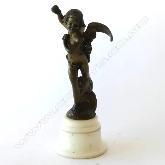 SMALL BRONZED CUPID ON A MARBLE STAND, SIGNED 'J DUNACH' TO BASE