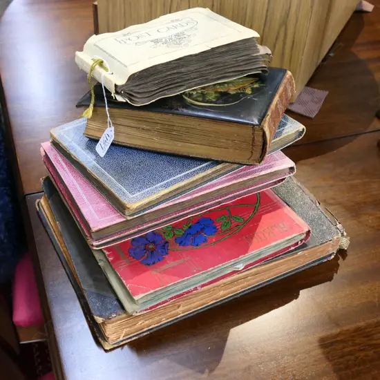 2 VICTORIAN FAMILY PHOTO ALBUMS, 3 CIGARETTE CARD ALBUMS, 2 POSTCARD ALBUMS