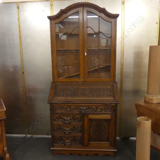 Carved Oak Bureau Bookcase circa 1910