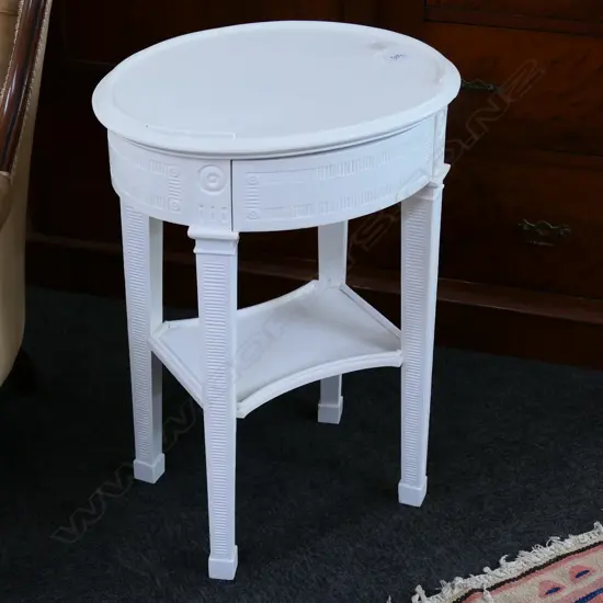 WHITE PAINTED FRENCH OVAL SIDE TABLE WITH DRAWER 700MM H 500MM W