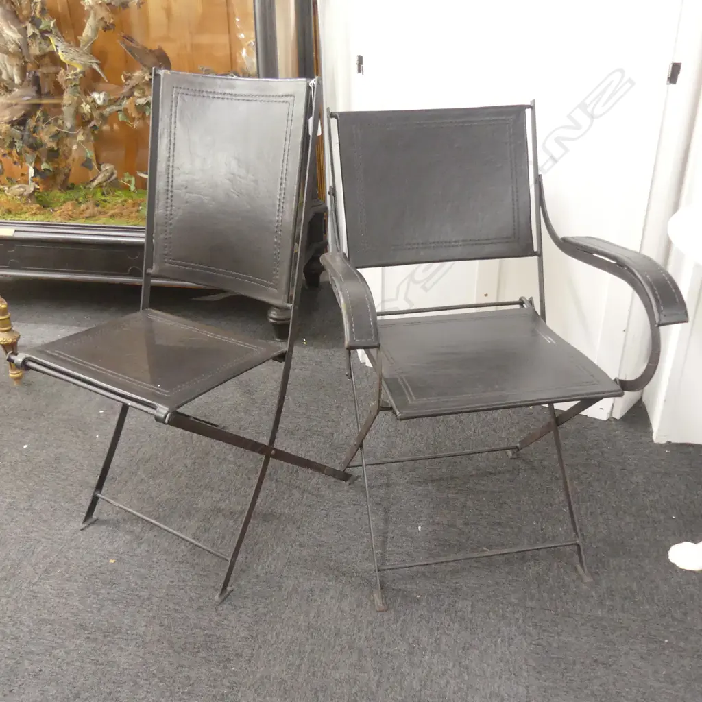2 FOLDING LEATHER AND METAL CHAIRS 960MM H ONE WITH ARMS Image 1++