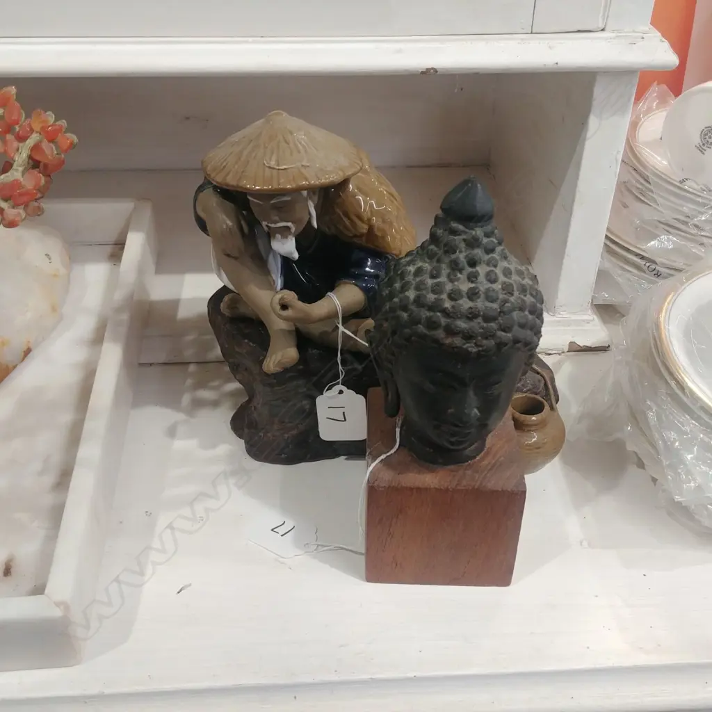 CHINESE CERAMIC FISHERMAN FIGURE + BRONZE BUDDHA HEAD Image 1++