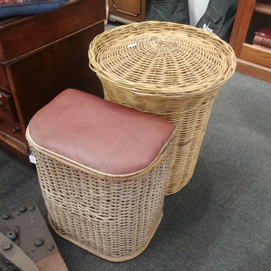 CANE HAMPER/STOOL + LG WICKER BASKET Image 1++