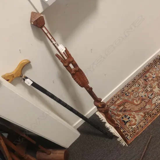 SOLOMON ISLAND CARVED WALKING STICK, ANIMALS & INLAID M.O.P