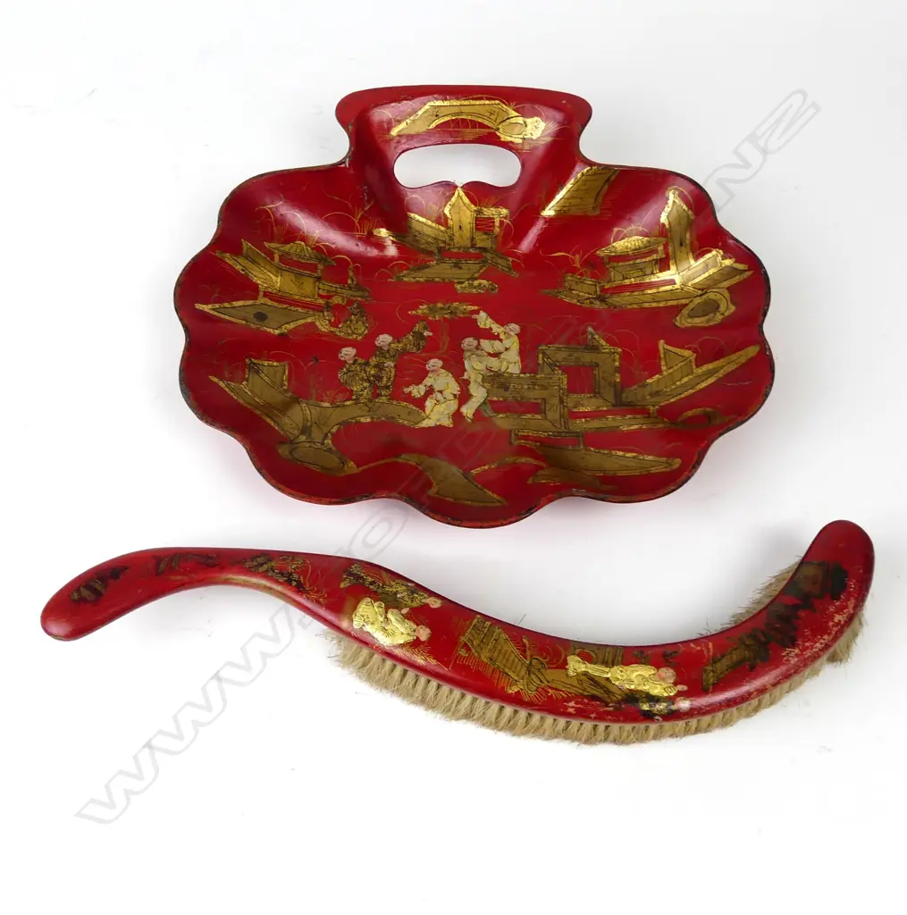 A vintage chinoiserie red lacquer crumb tray and brush Image 1++