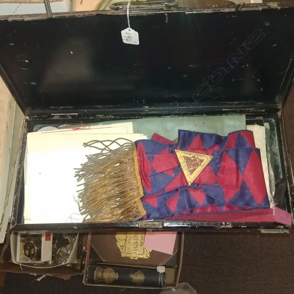 TIN OF MASONIC APRONS, SASH, APPOINTMENT CERTIFICATES, ETC Image 1++