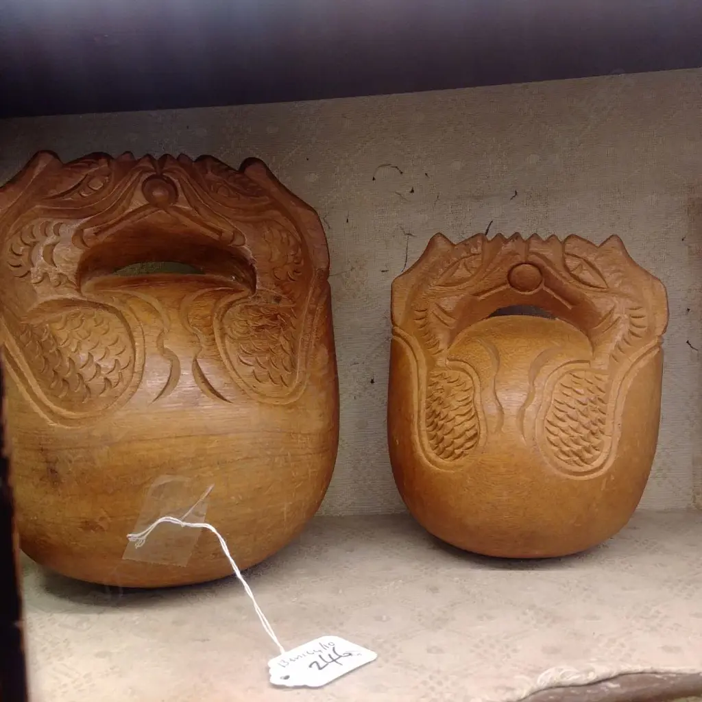 PAIR JAPANESE BUDDHIST DRAGON DECORATED WOODEN TEMPLE BELLS+ STRIKER Image 1++