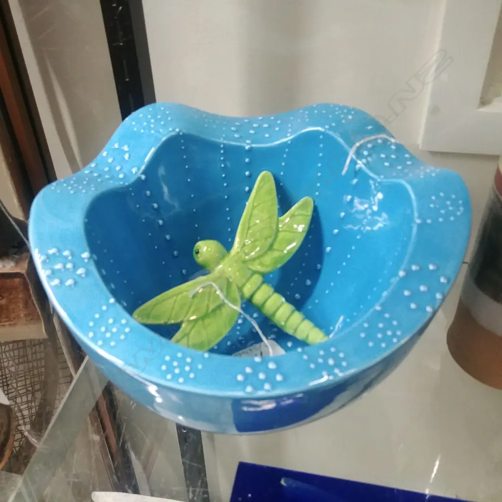HOT ART CERAMIC BLUE BOWL; GREEN DRAGONFLY Image 1++