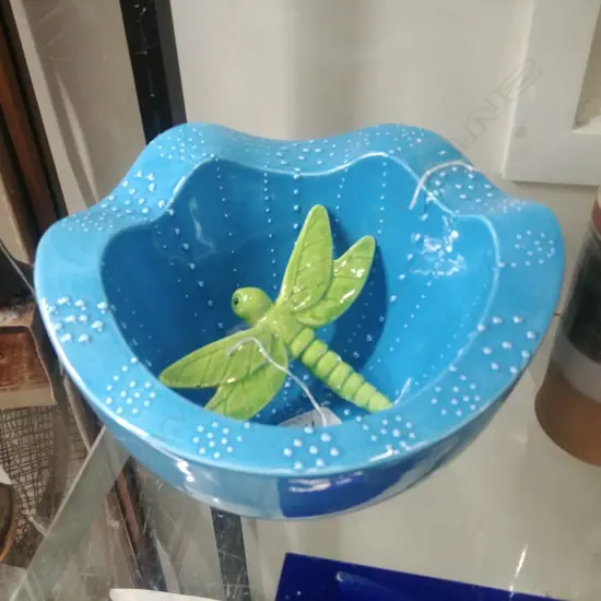 HOT ART CERAMIC BLUE BOWL; GREEN DRAGONFLY