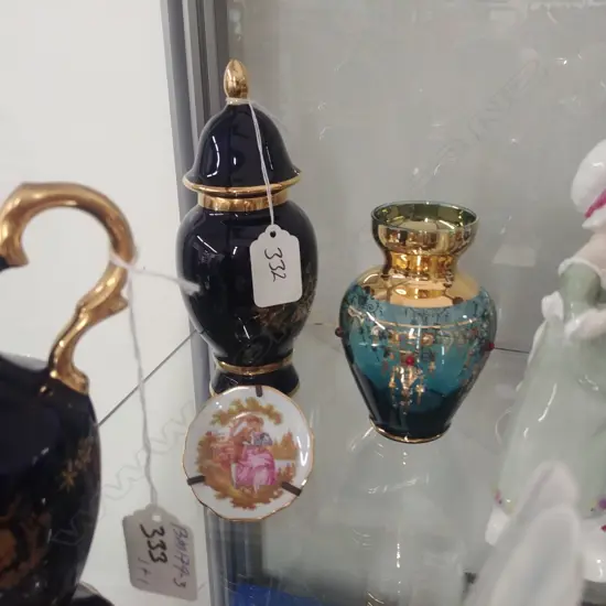 COBALT URN + SML LIMOGE PLATE + GLASS VASE