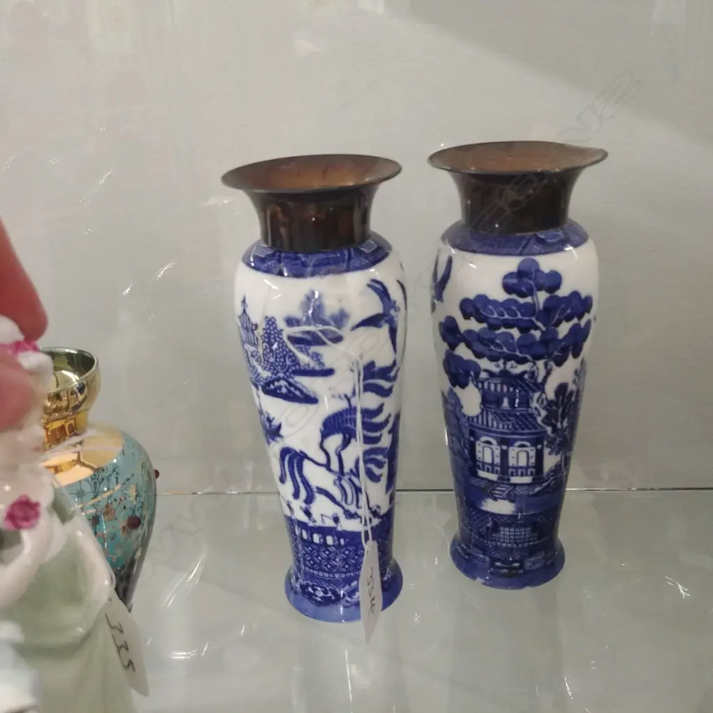 2 R.D. WILLOW PAT. VASES W SILVER TOPS, AF Image 1++