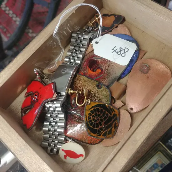 BOX WITH ASST ENAMEL JEWELLERY/ROLEX?STRAP ETC