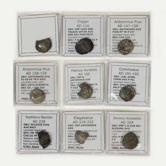Nine silver Roman antoninianus and denarius coins