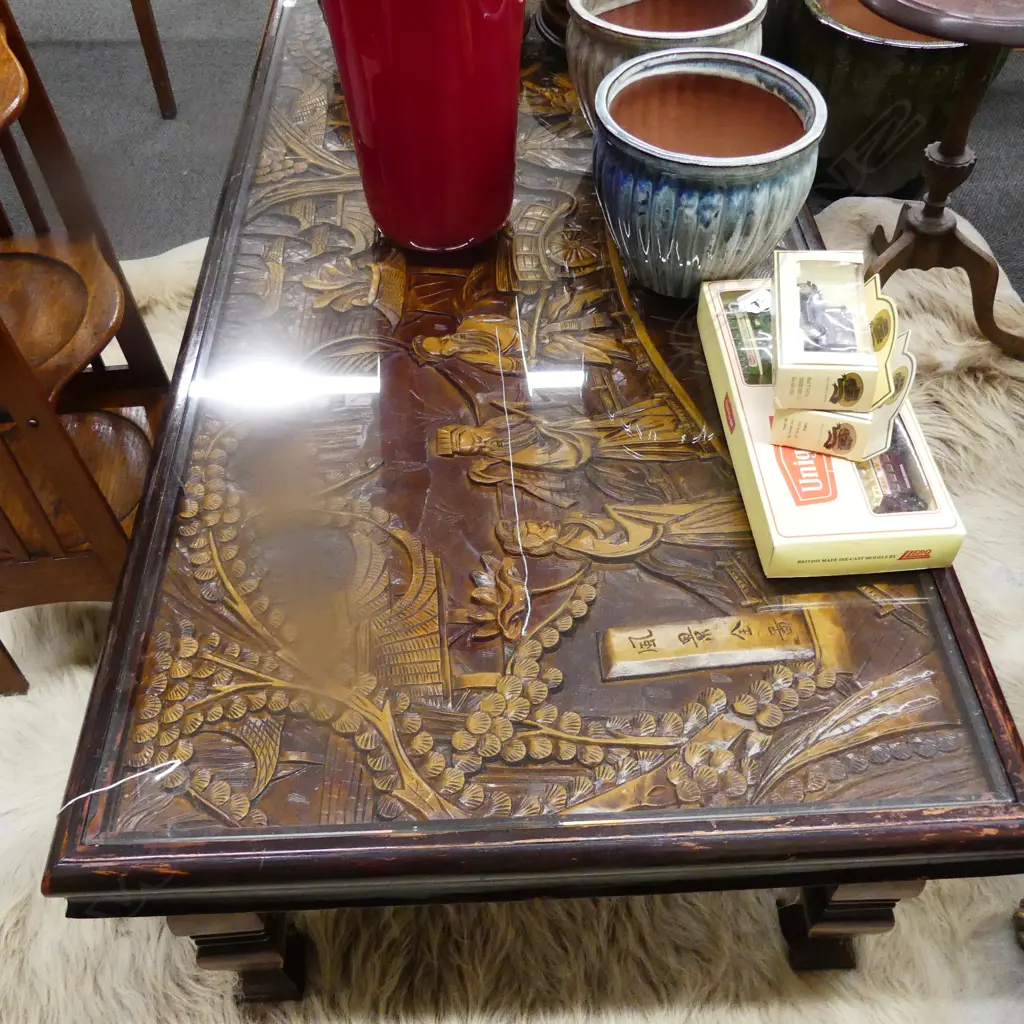 CARVED ORIENTAL LOW TABLE W GLASS TOP Image 1++