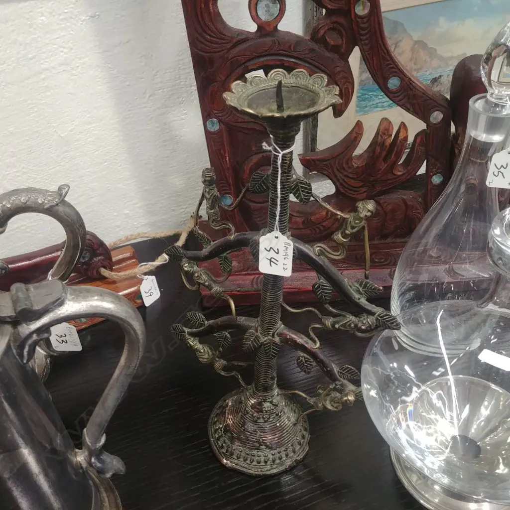 AFRICAN BRASS FIGURED TREE CANDLESTICK Image 1++