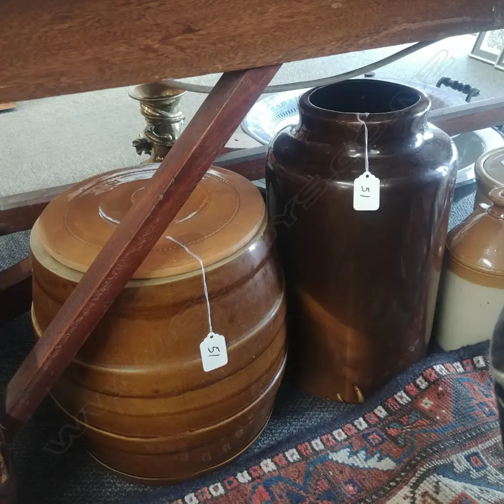 2 LGE POTTERY PCES: BREAD CROCK + JAR Image 1++