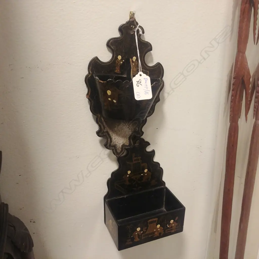 2 CHINESE DECORATED LACQUER  WALL VESTA HOLDERS Image 1++