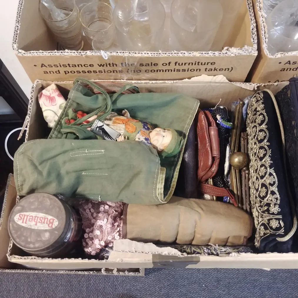 BOX LOT OF EVENING BAGS; SMALL GERMAN DOLL Image 1++