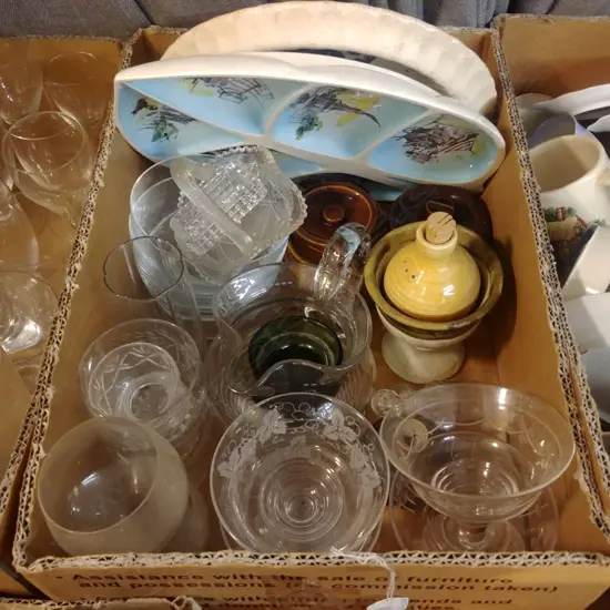 BOX LOT CRYSTAL AND POTTERY ITEMS