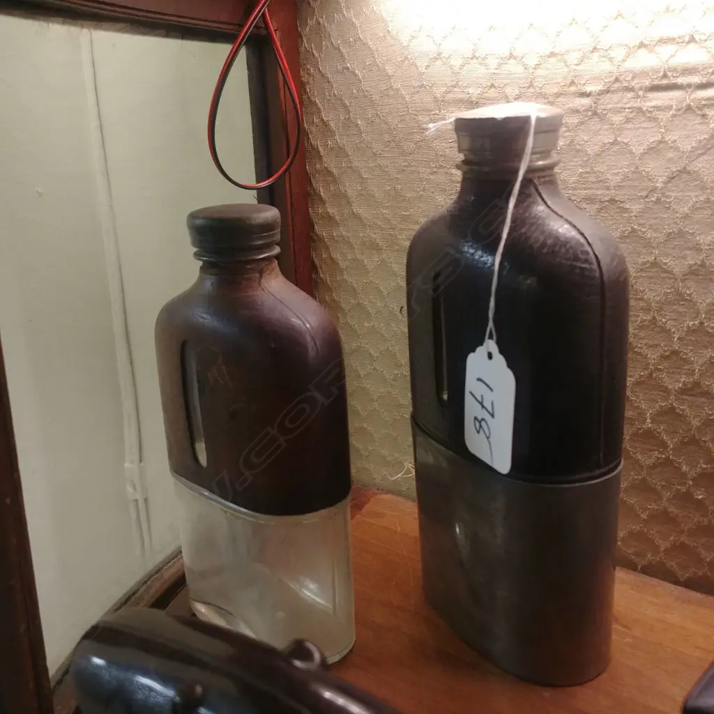 2 LEATHER TOPPED HIP FLASKS  Image 1++