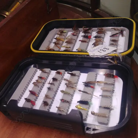 AS NEW BLACK FLY BOX WITH 60 USED TROUT FLIES