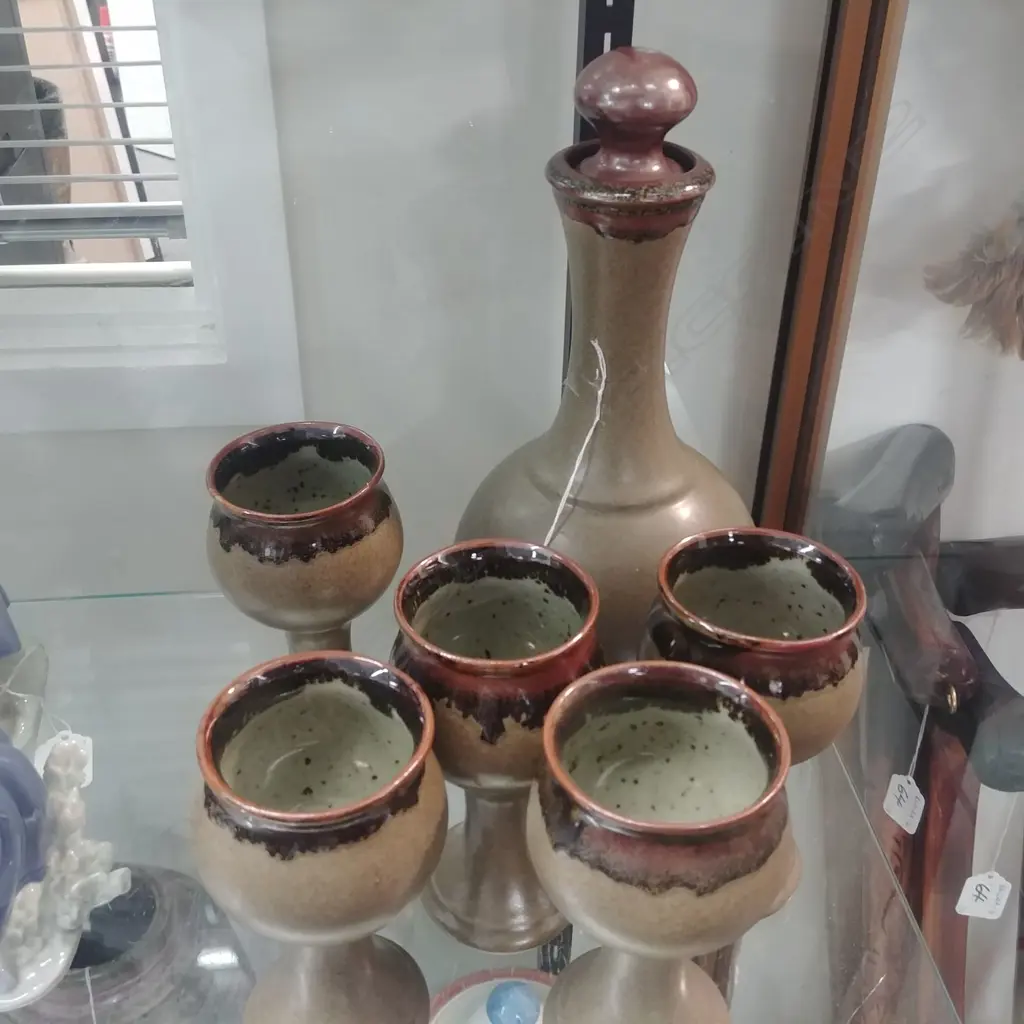 POTTERY WINE CARAFE + 5 GOBLETS Image 1++