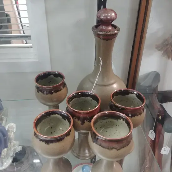 POTTERY WINE CARAFE + 5 GOBLETS