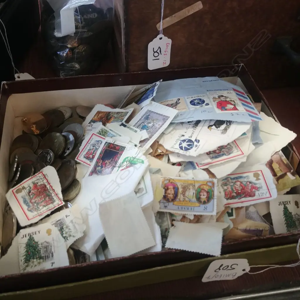 BOX OF STAMPS/COINS ETC. Image 1++