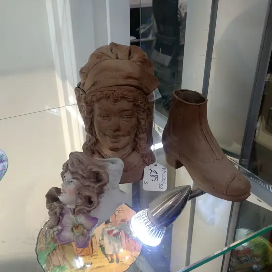 2 POTTERY ITEMS/ BISQUE HEAD