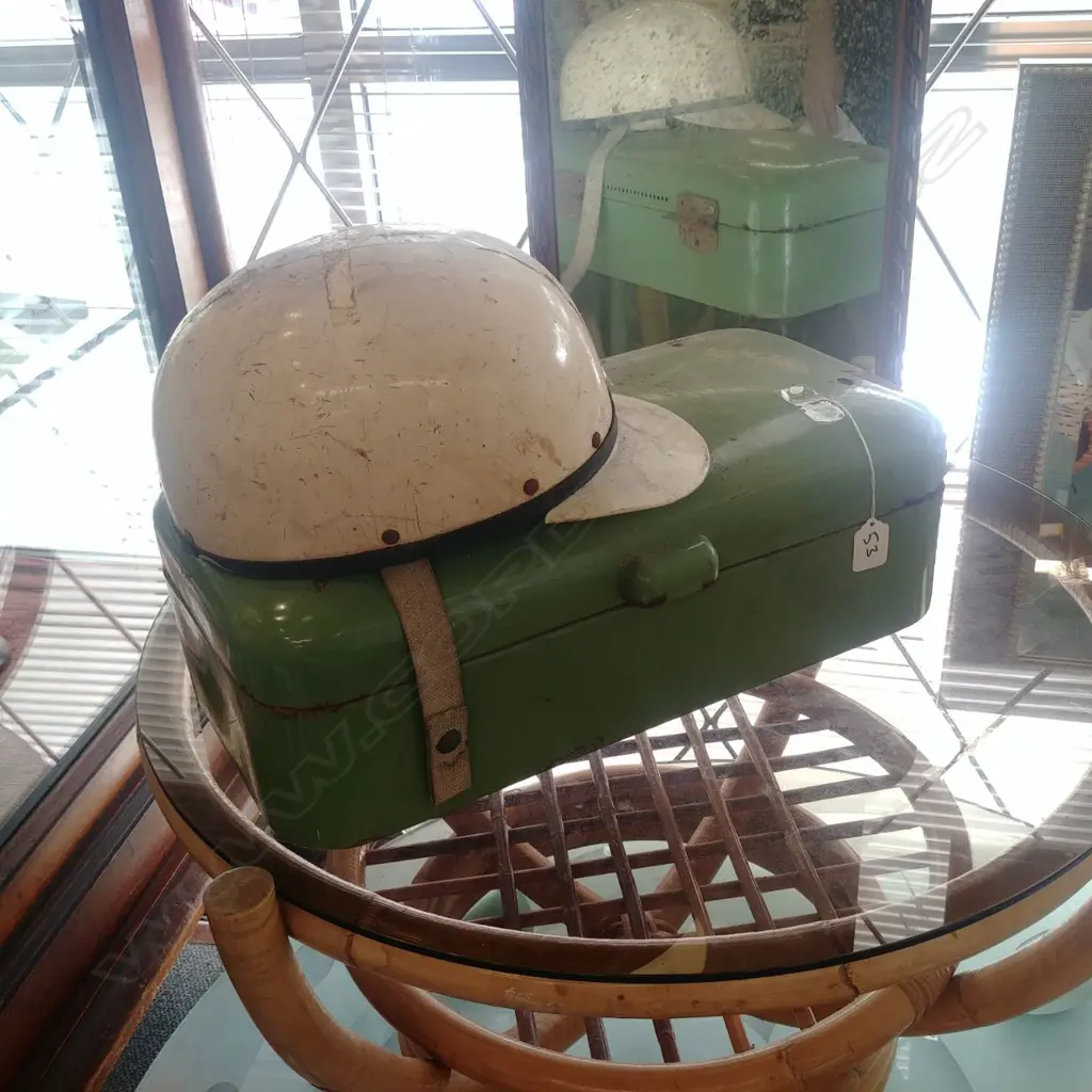 VINTAGE GREEN ENAMEL BREAD BOX + MOTORCYCLE HELMET Image 1++