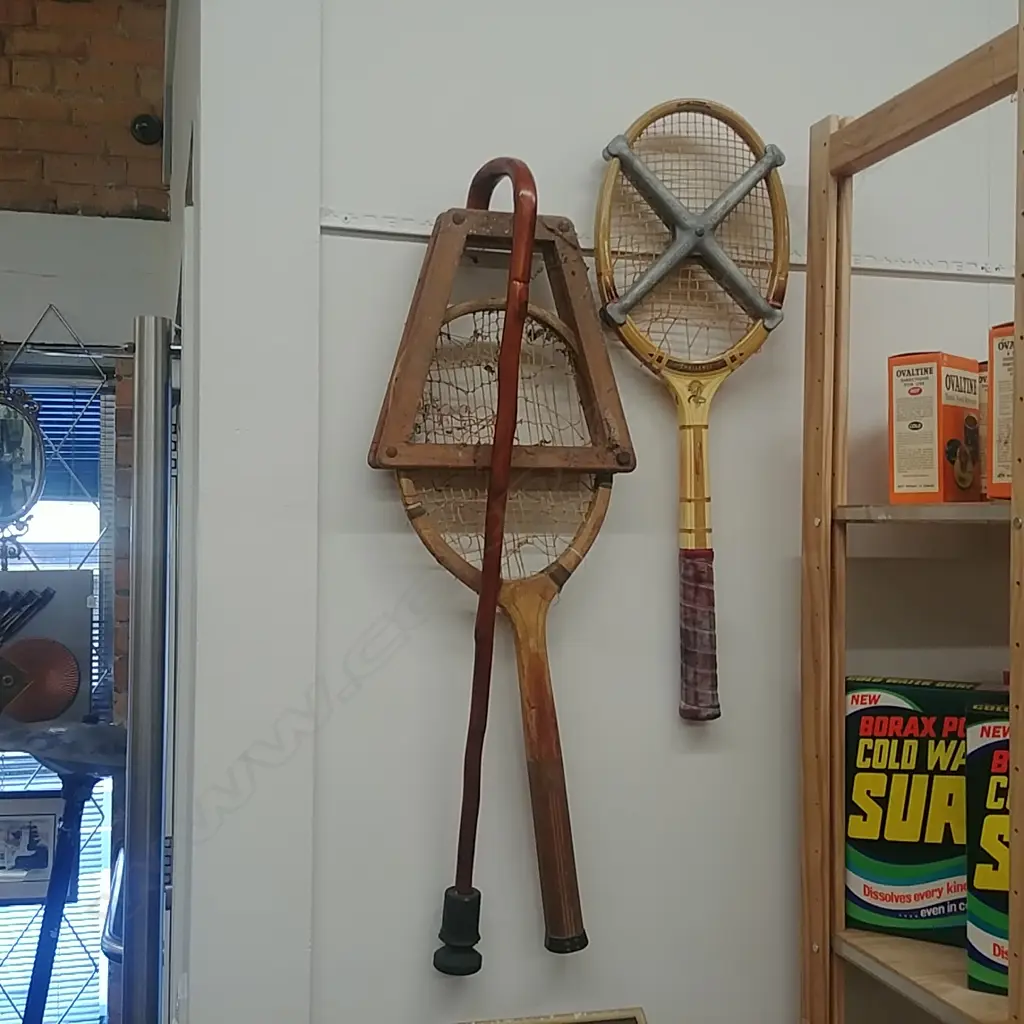 2 VINTAGE TENNIS RACKETS + CANE Image 1++