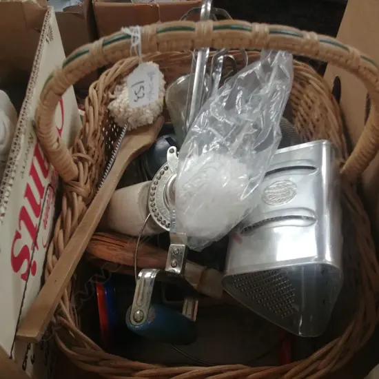 BASKET WITH VINTAGE KITCHEN TOOLS