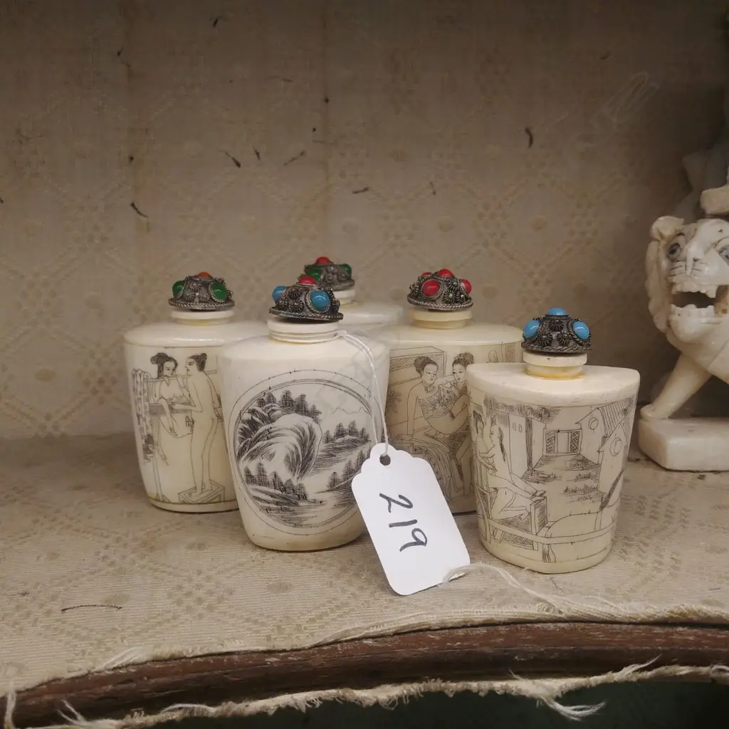 SET 5 CARVED COROZO NUT SCENT BOTTLES Image 1++