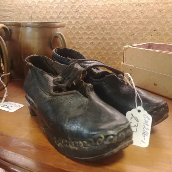 PR ANTIQUE CHILDS SHOES LEATHER WOOD IRON